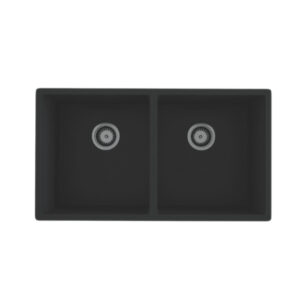 Forio 813 double bowl quartz sink in matt black, two equal bowls with stainless steel basket wastes