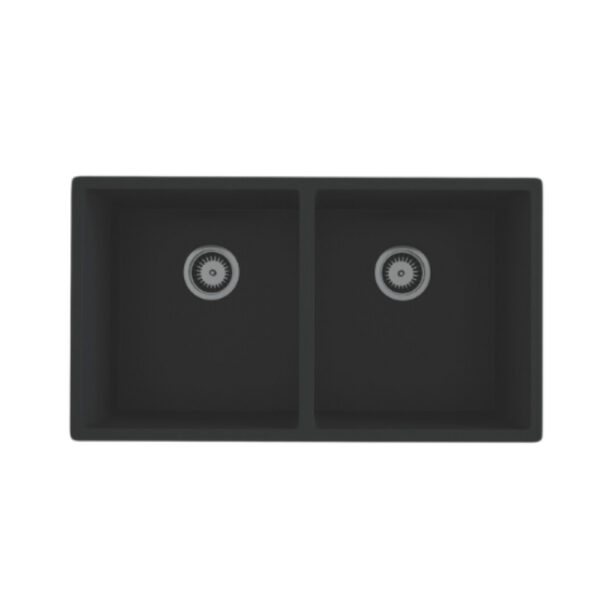 Forio 813 double bowl quartz sink in matt black, two equal bowls with stainless steel basket wastes