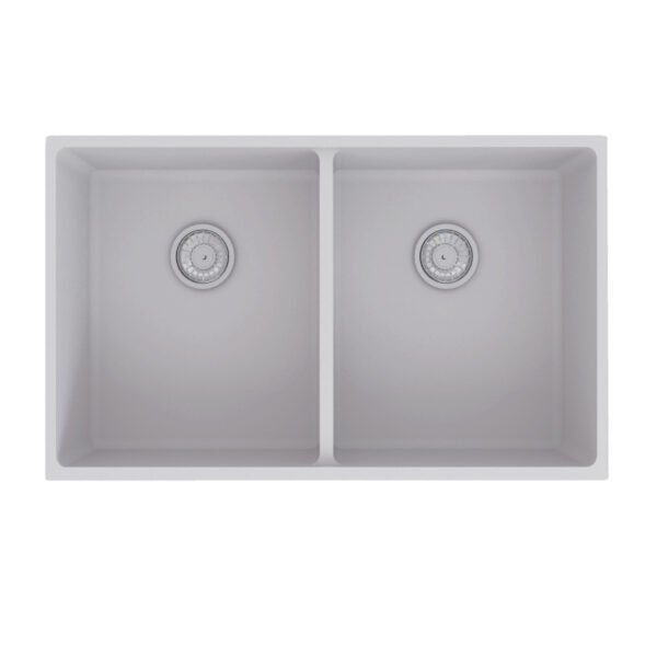 Forio 813 double bowl quartz sink in matt white, viewed from above showing both bowls and basket wastes