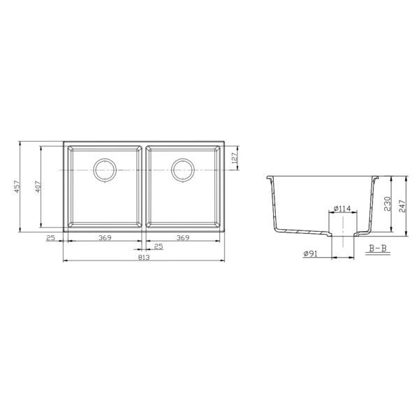 Forio 813 double bowl sink dimensions: 813mm x 457mm x 247mm with two 369mm bowls and 91mm waste outlet