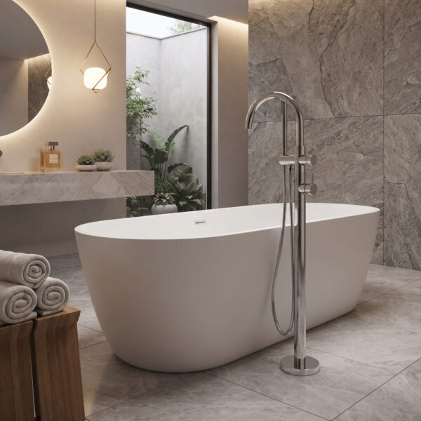 Lucito Bath Filler Floor Mounted Chrome In Bathroom Scene Lucito Bath Filler Floor Mounted Chrome