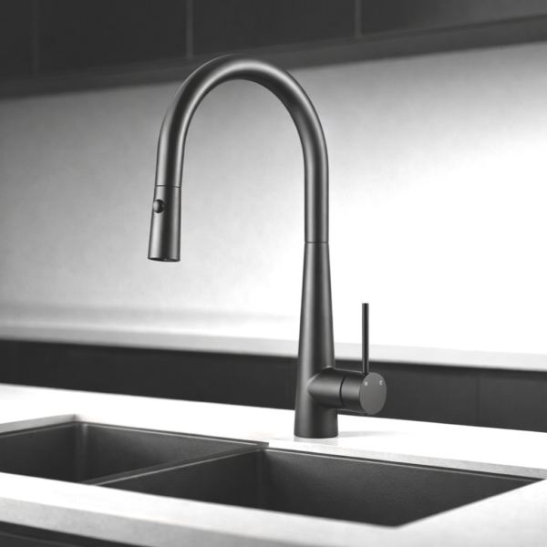 Arraso+Gooeseneck+Pull+Out+Sink+Mixer+Black+On+A+Kitchen+Bench Arraso+Gooeseneck+Pull+Out+Sink+Mixer+Black+On+A+Kitchen+Bench