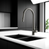 Arraso Gooseneck Pull Out Sink Mixer Gun Metal on a white stone benchtop