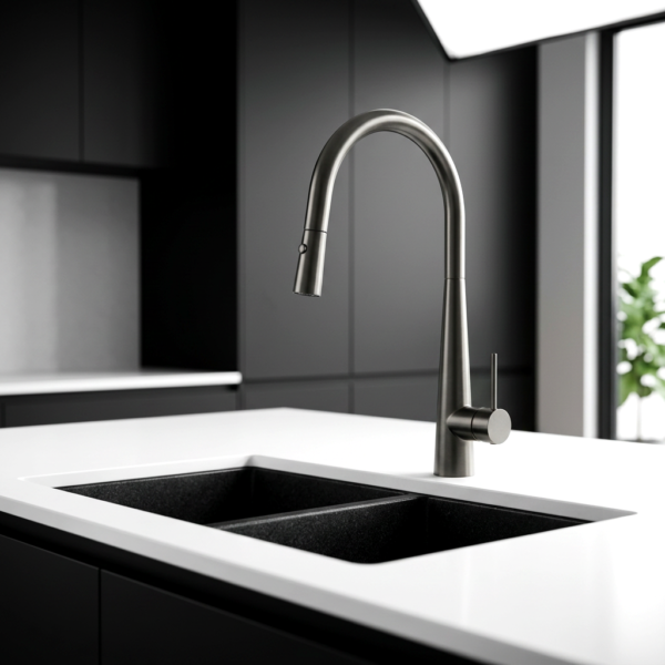 Arraso Gooseneck Pull Out Sink Mixer Gun Metal on a white stone benchtop