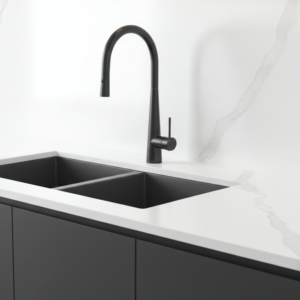 Arraso+Gooseneck+Pull+Out+SInk+Mixer+In+Black+On+A+White+Kitchen+Scene+Bathroom+Deals