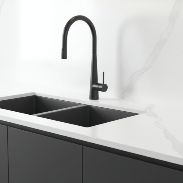 Arraso+Gooseneck+Pull+Out+SInk+Mixer+In+Black+On+A+White+Kitchen+Scene+Bathroom+Deals Arraso+Gooseneck+Pull+Out+SInk+Mixer+In+Black+On+A+White+Kitchen+Scene+Bathroom+Deals