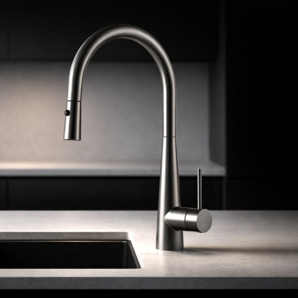 Arraso+Gooseneck+Pull+Out+Sink+Mixer+In+Gun+Metal+in+a+grey+kitchen+scene