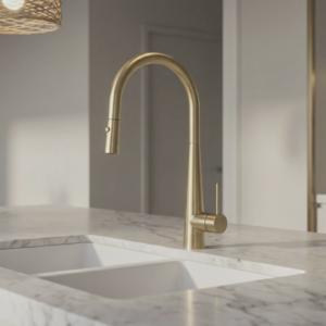 Arraso+Pull+Out+Sink+Mixer+In+Brushed+Brass+on+an+island+kitchen+bench+bathroom+deals