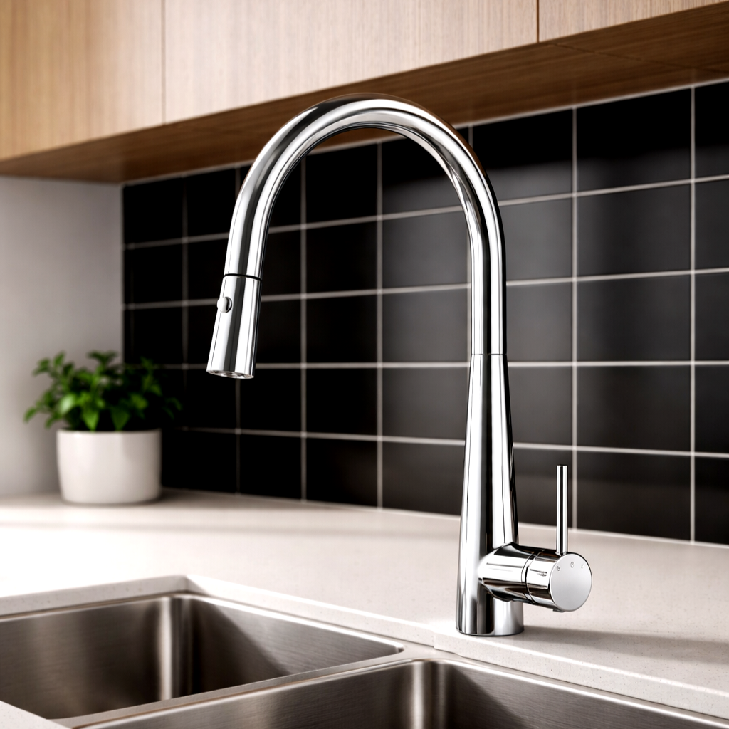 Chrome pull-out sink mixer on a kitchen bench