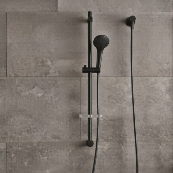 Coen 3 Function Shower On Rail Black Coen 3 function shower on rail in matte black installed on a tiled shower wall