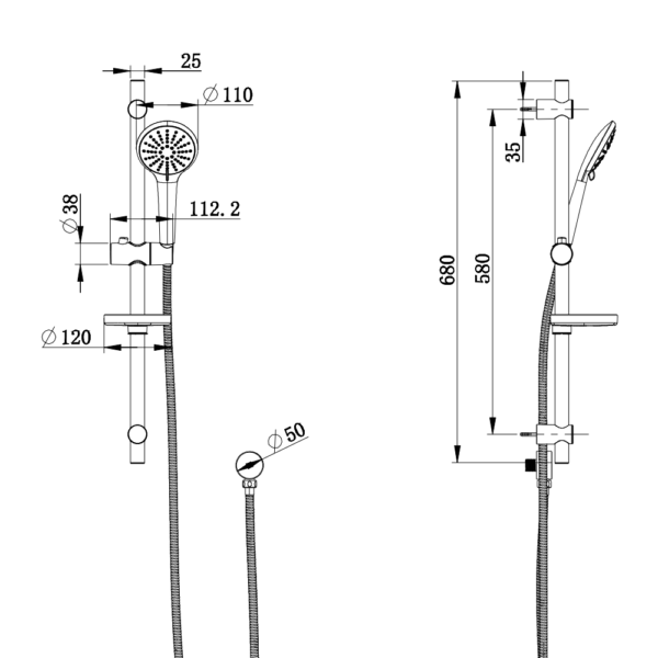 Dimension drawing for the Coen 3 function shower on rail, 680mm rail height