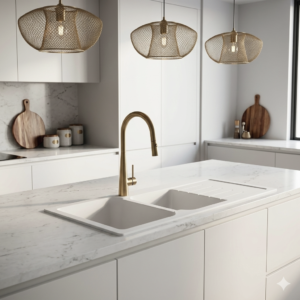 Forio 1160 Quartz Double Bowl Sink With Drainer Matt White In kitchen