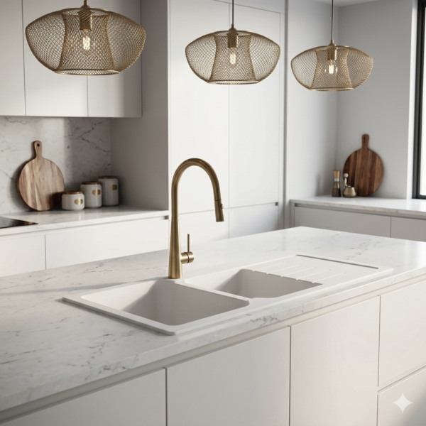 Forio 1160 Quartz Double Bowl Sink With Drainer Matt White In kitchen