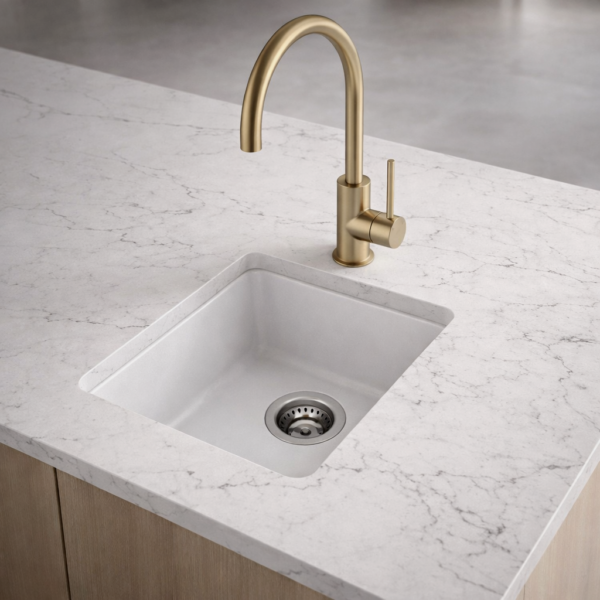 Forio+Small+Single+Bowl+Sink+White+Installed+in+Benchtop