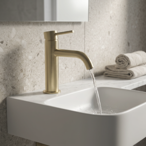 Lucito Curved Basin Mixer In Brushed Brass on a wall basin