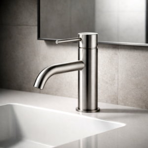 Lucito Curved Spout Basin Mixer Brushed Stainless In Bathroom Scene Bathroom Deals