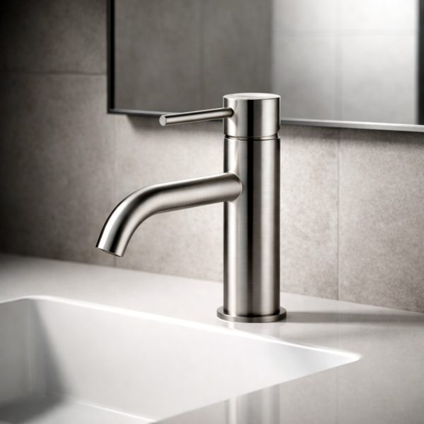Lucito Curved Spout Basin Mixer Brushed Stainless In Bathroom Scene Bathroom Deals