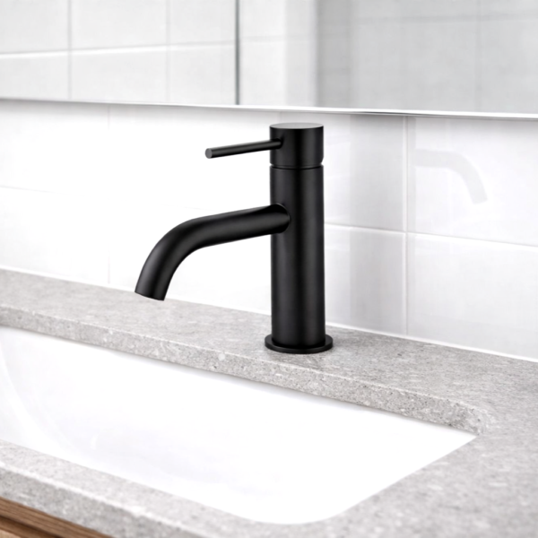 Lucito+Curved+Spout+Basin+Mixer+In+Black+On+benchtop+Bathroom+Deals