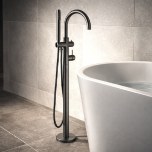 Lucito+Freestanding+Bath+Filler+In+Gun+Metal+in+Bathroom+Scene