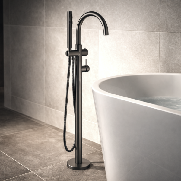 Lucito+Freestanding+Bath+Filler+In+Gun+Metal+in+Bathroom+Scene