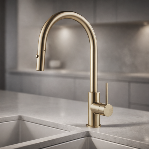 Lucito+Gooseneck+Pull+Out+Sink+Mixer+Brushed+Brass+in+a+luxury+kitchen