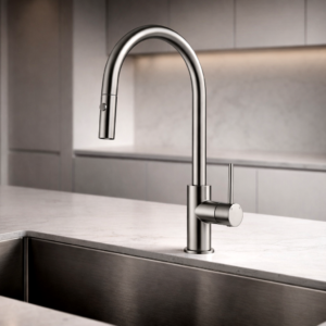 Lucito Gooseneck Pull Out Sink Mixer Brushed Stainless In Kitchen Scene