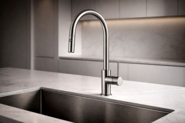 Lucito Gooseneck Pull Out Sink Mixer Brushed Stainless In Kitchen Scene
