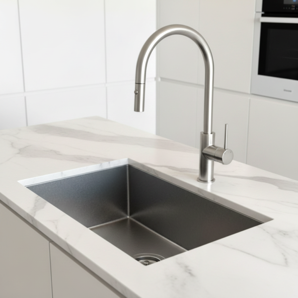Lucito Gooseneck Pull Out Sink Mixer Brushed Stainless with undermount sink