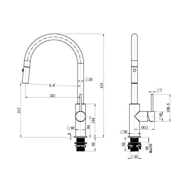 Lucito Gooseneck Pull Out Sink Mixer Dimensions