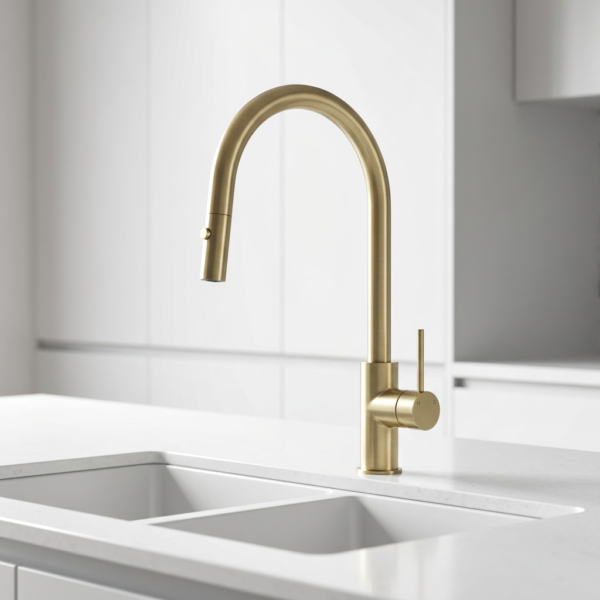Lucito Gooseneck Pull Out Sink Mixer In Brushed Brass on a kitchen sink