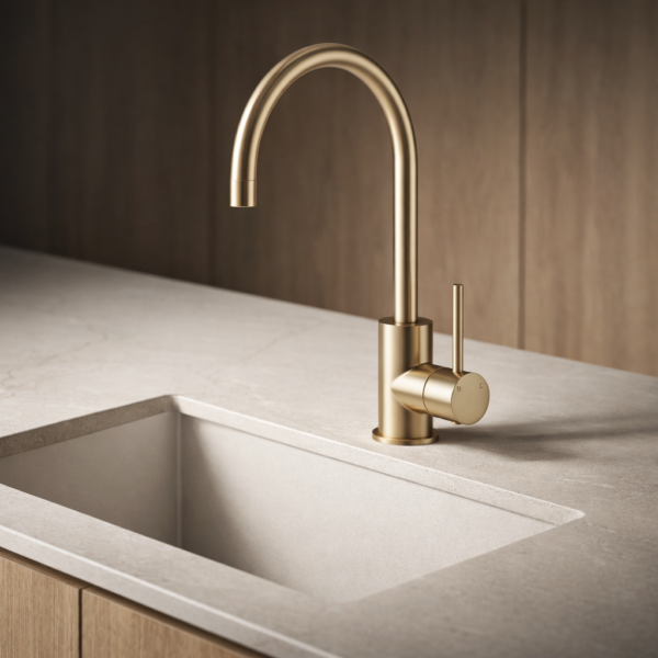 Lucito Gooseneck Sink Mixer Brushed Brass on Bench Top Brisbane