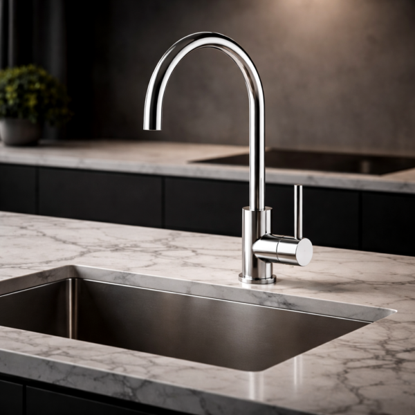 Lucito Gooseneck Sink Mixer Chrome on a Kitchen Bench Brisbane