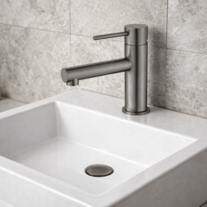 Lucito+Straight+Spout+Basin+Mixer+Gun+Metal+On+A+Above+Counter+Basin