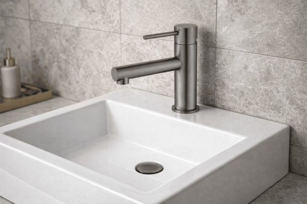 Lucito+Straight+Spout+Basin+Mixer+Gun+Metal+On+A+Above+Counter+Basin