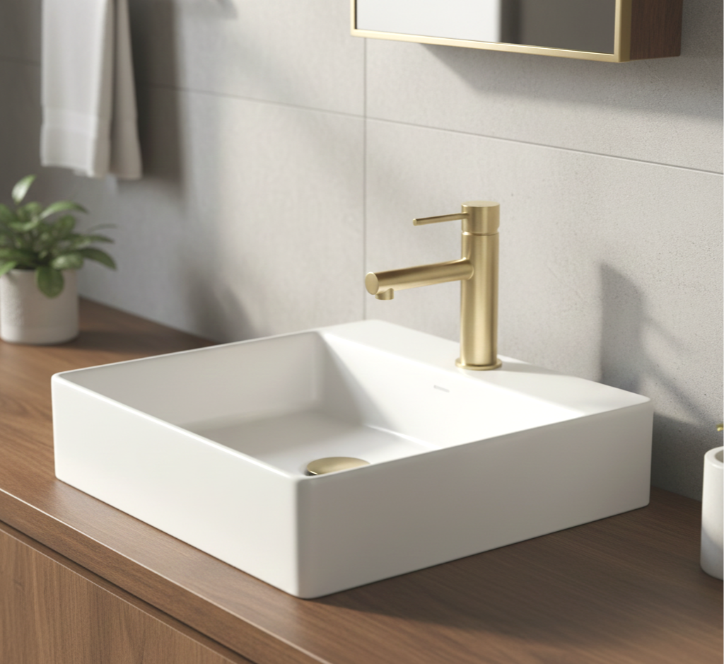 Brushed brass basin mixer on a stone benchtop