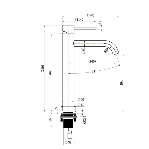 Lucito Tower Curved Spout Basin Mixer Dimensions