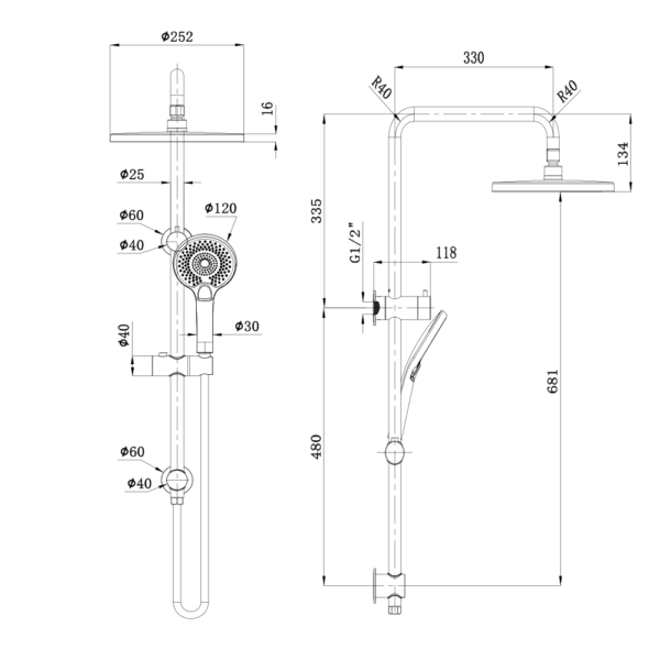 Lucito Twin Shower With ABS 250mm Overhead Drawing