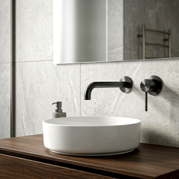 Lucito+Wall+Mixer+and+Spout+Gun+Metal+Finish+in+A+Bathroom+Setting+Brisbane