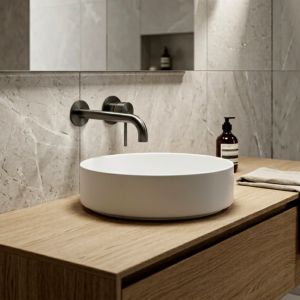 Lucito+Wall+Mixer+and+Spout+Gun+Metal+In+A+Bathroom+Scene