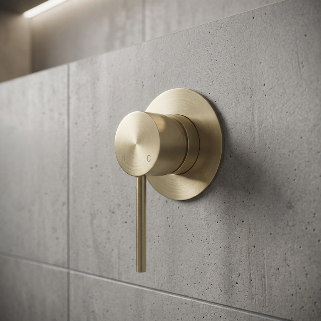 Close up of a brushed brass basin mixer showing the finish quality
