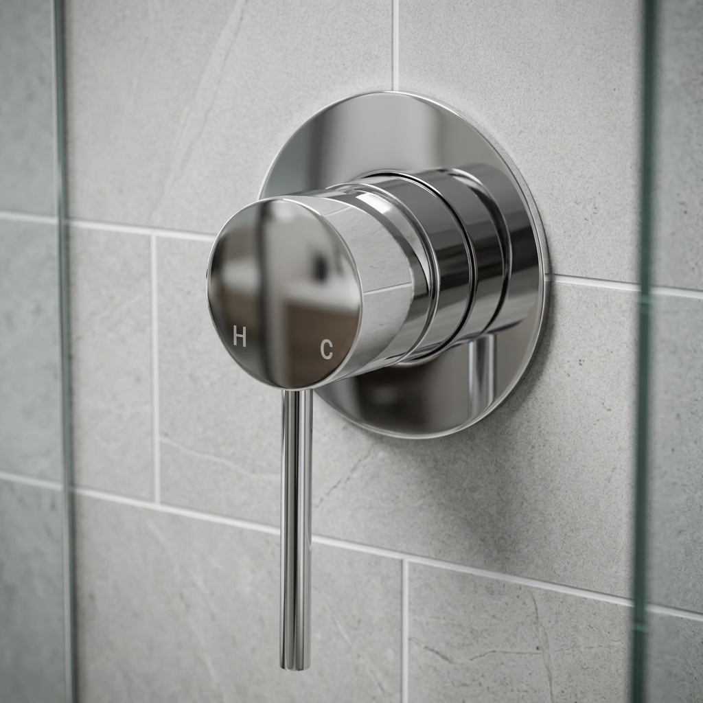 Chrome wall mixer installed in a tiled shower recess