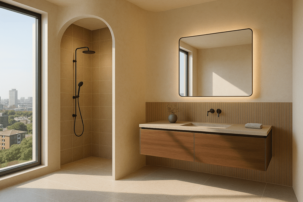 Renovated bathroom with matte black tapware, a timber wall-hung vanity and an arched tiled shower recess