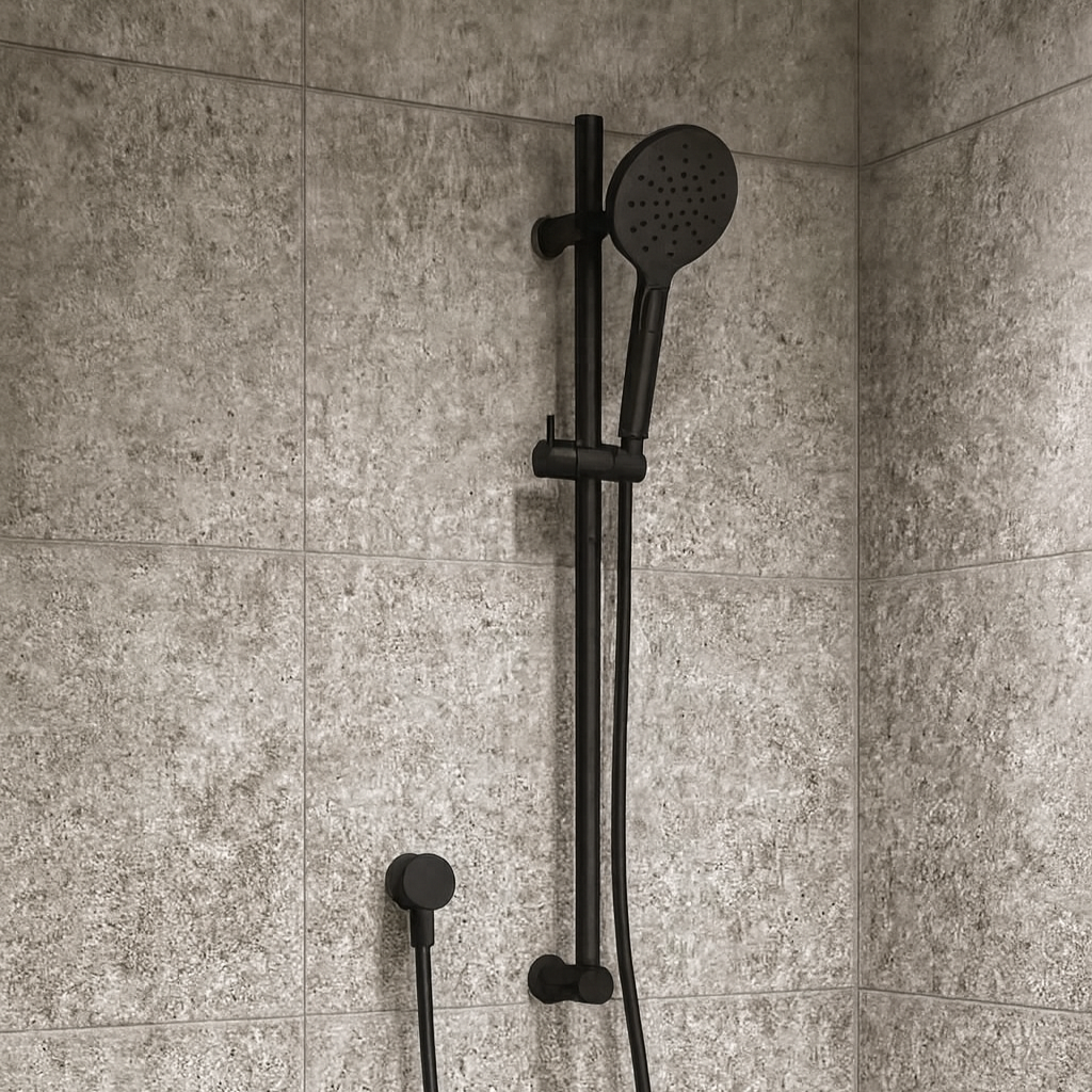 Matte black shower on rail in a bathroom