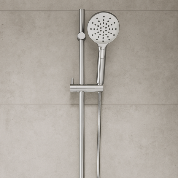 Murcia 3 function shower on rail in chrome mounted on a concrete tiled shower wall