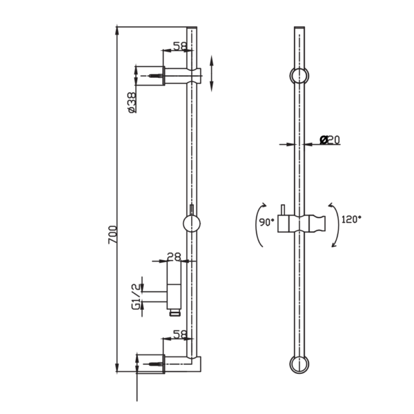 Murcia 3 Function Shower On Rail Drawing
