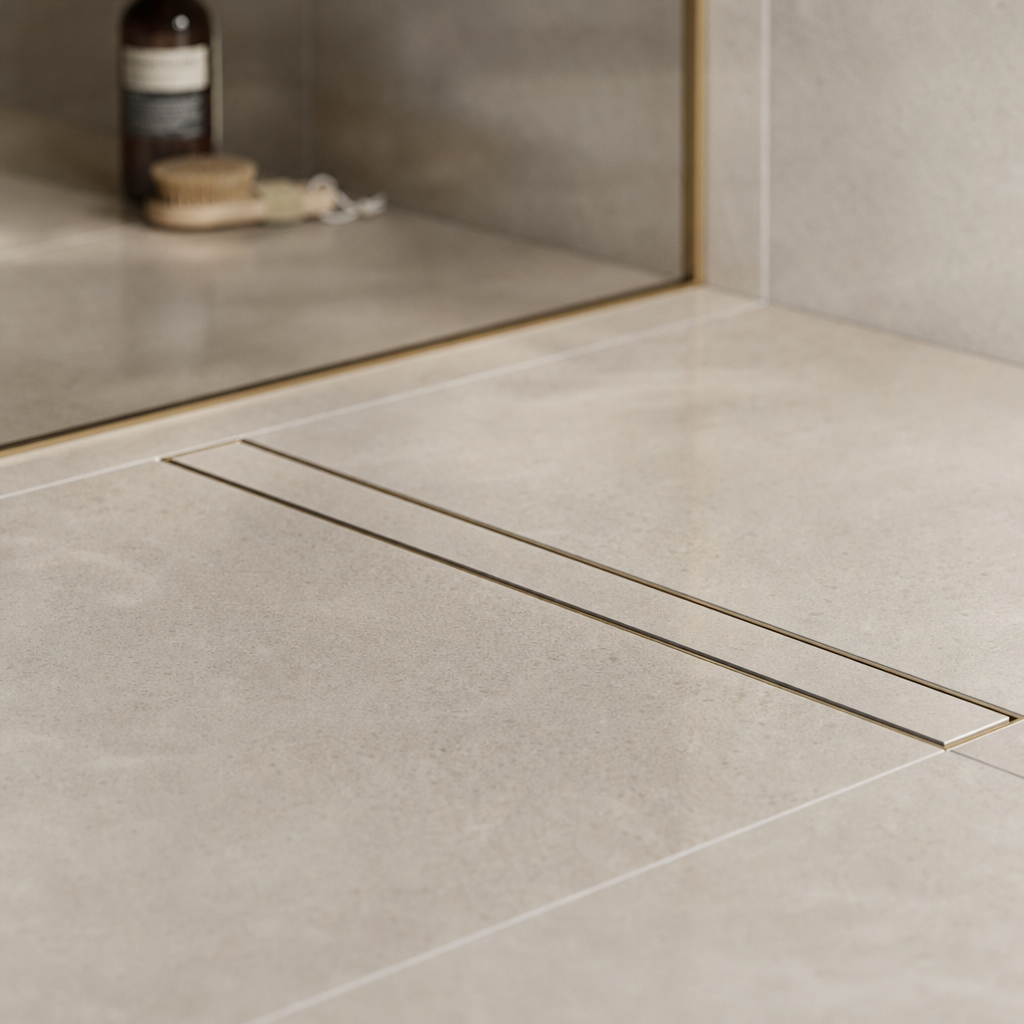 Brushed brass linear tile insert floor waste set flush into a tiled bathroom floor, aligned with the tile line