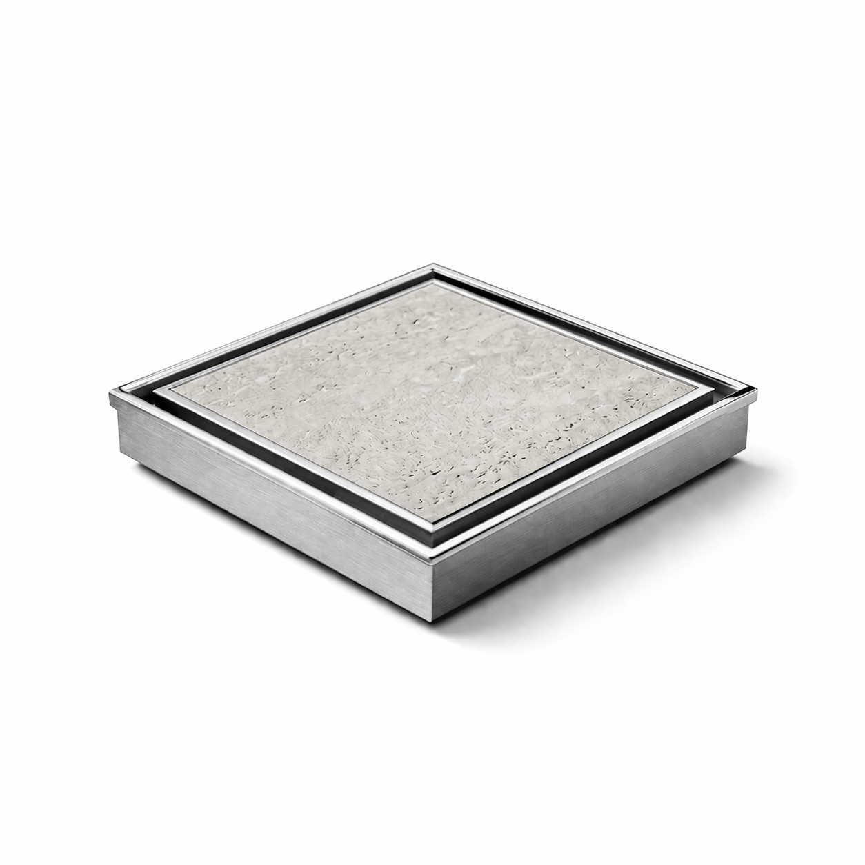 Neston square tile insert floor waste in stainless steel with a tile set into the grate