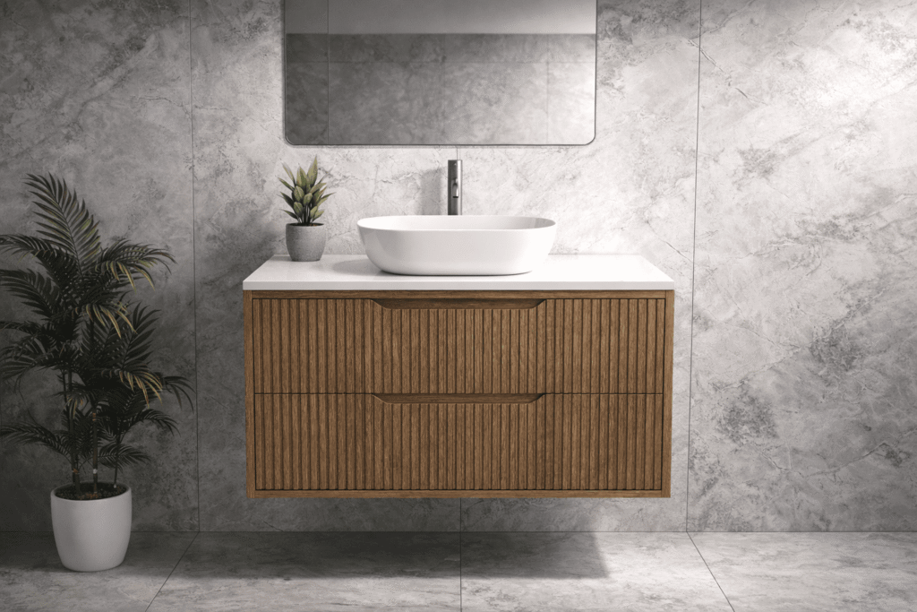 Wall-hung fluted timber vanity with a solid surface top and a white vessel basin