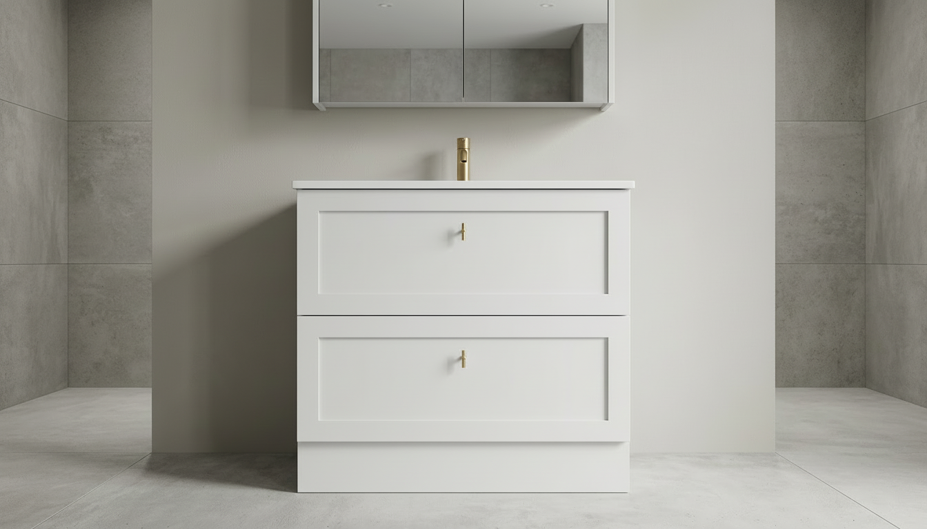 Shaker 750mm double drawer freestanding vanity in satin white with a vitreous china top and bowl