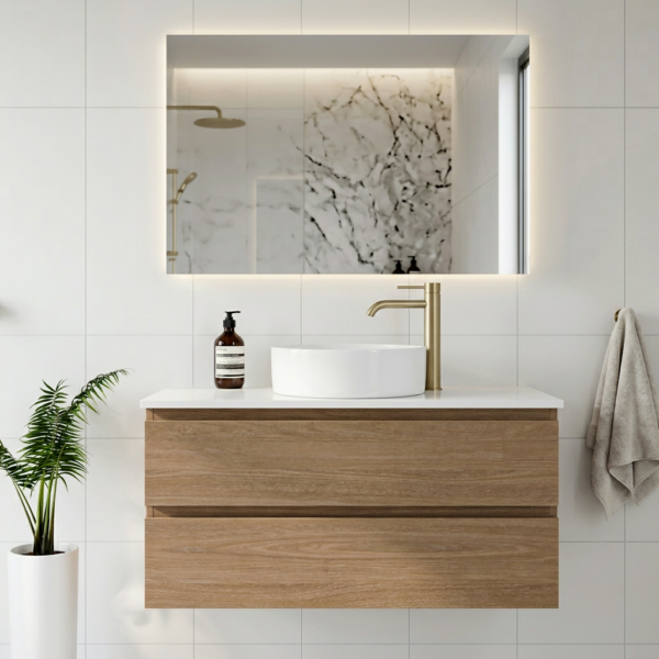 Tarnos 900 Wall Hung Oak Vanity With Solid Surface Top Bathroom With Lucito Tower Basin Mixer Brushed Brass Tarnos 900 Wall Hung Oak Vanity With Solid Surface Top Bathroom With Lucito Tower Basin Mixer Brushed Brass